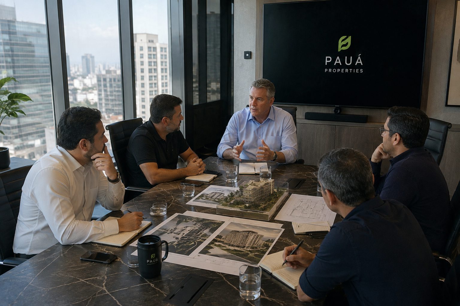 Reunião entre executivos da Pauá Properties analisando maquete e plantas de um empreendimento em sala de reunião corporativa